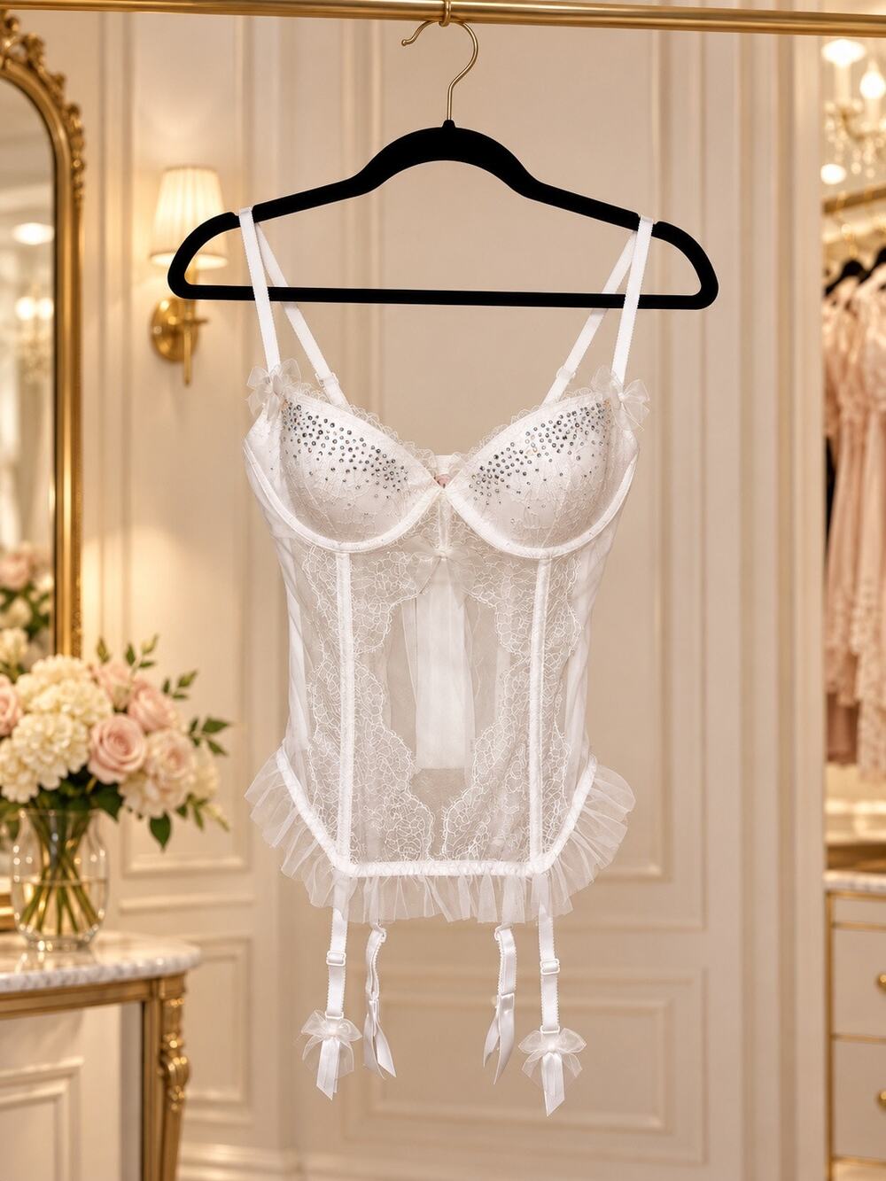 Victoria’s Secret White Rhinestone Lace Bustier Corset Garter 34D NWT Romantic